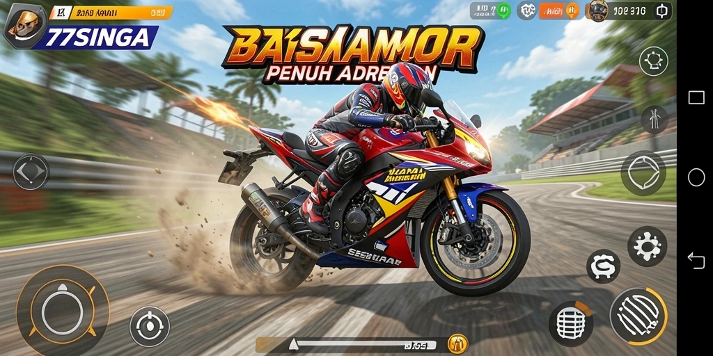 Tampilan gameplay seru di 77SINGA dengan balapan motor yang mendebarkan.