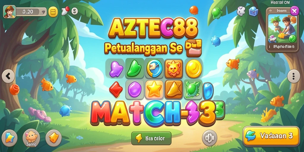 Tangkapan layar menunjukkan gameplay seru AZTEC88 dengan elemen match-3 yang berwarna-warni.
