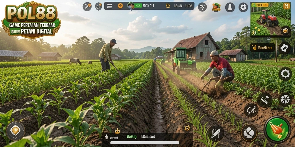 Screenshot gameplay POL88 menampilkan ladang subur dan hewan peliharaan.